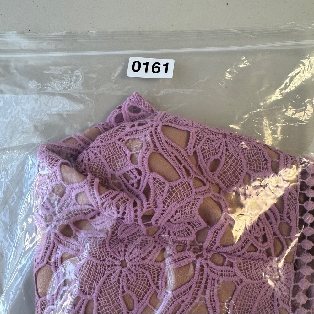 Adelyn Rae Sleeveless Floral Crochet Overlay Nude Lining Lavender Lace Romper XS - Picture 12 of 14